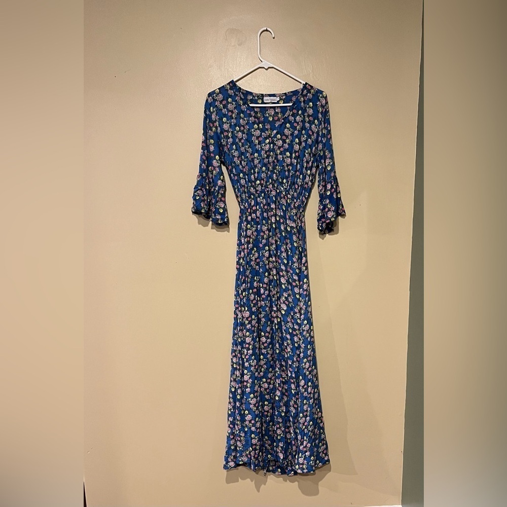 Tiare Hawaii Blue Floral Surry Maxi Dress OS One Size Handmade Boho Resort Wear
